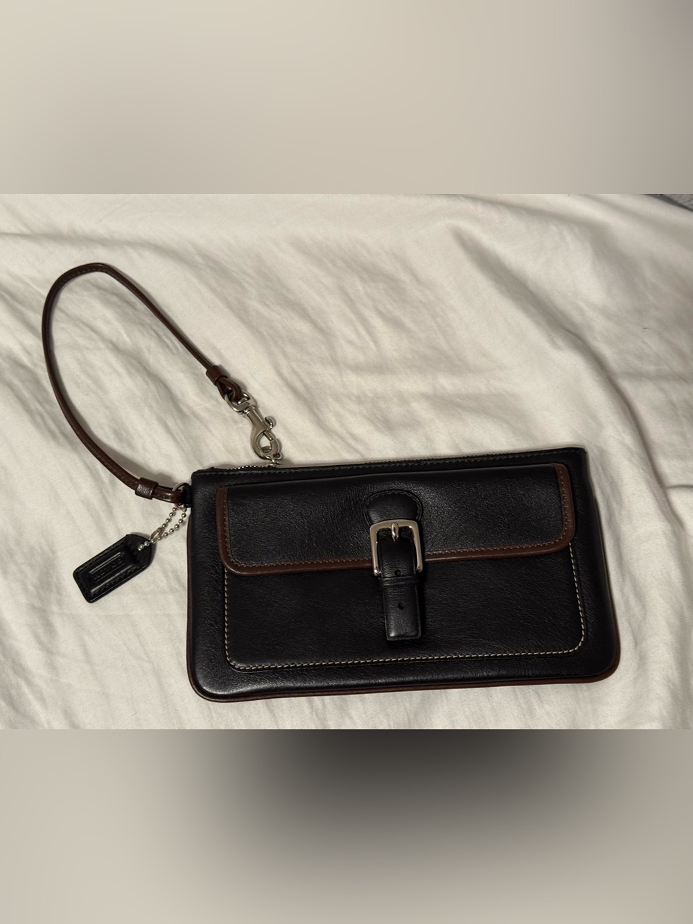 Coach Hampton Black and Brown Leather Wristlet Clutch Buckle Detail